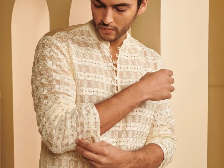 Mulmul Organza Zeke Off White Kurta With Mulmul Cotton Zeke Off White Pyajama For Sale