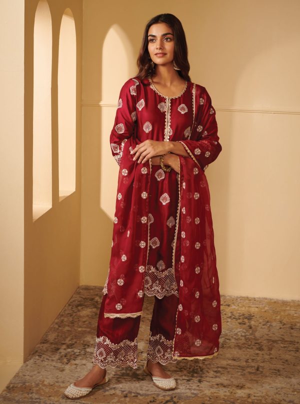 Mulmul Cupro Silk Atya Wine Kurta With Atya Wine Pant For Cheap