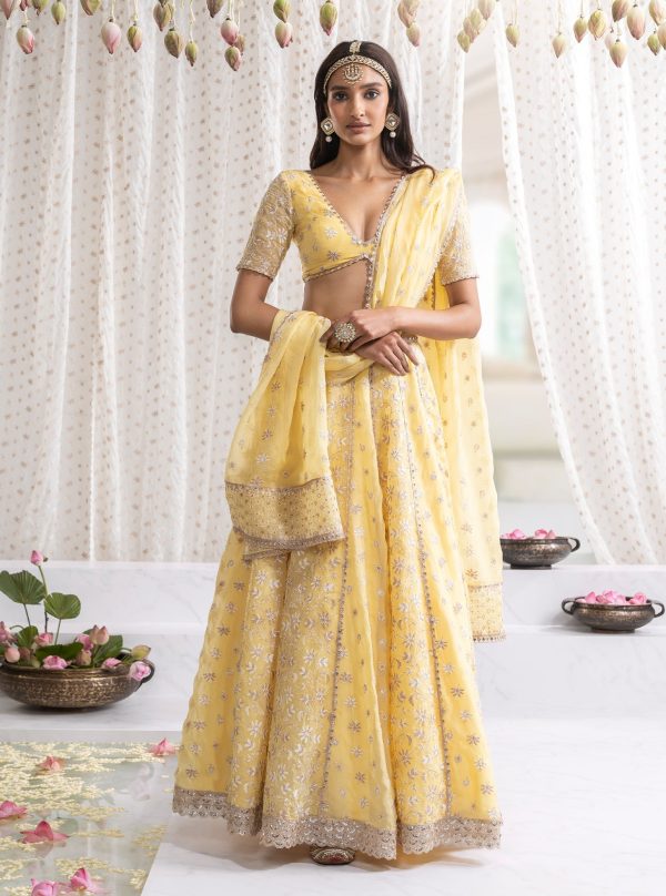 Mulmul Organza Madhvi Yellow Lehenga Online now