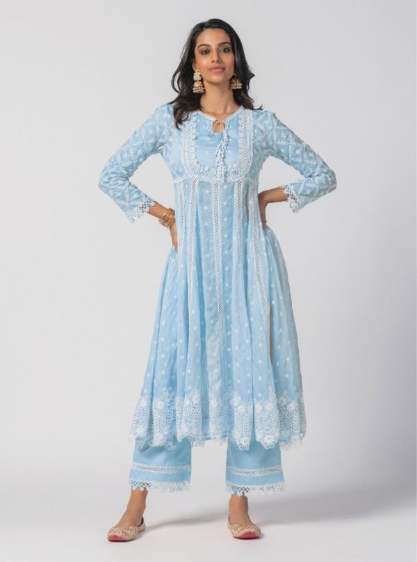 Mulmul Organza Valerie Anarkali Blue Kurta With Supima Cotton Valerie Blue Pant Online now