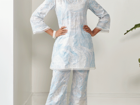 Mulmul Cotton Breccia Blue Top With Breccia Blue Pant For Sale