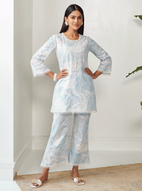 Mulmul Cotton Breccia Blue Top With Breccia Blue Pant For Sale