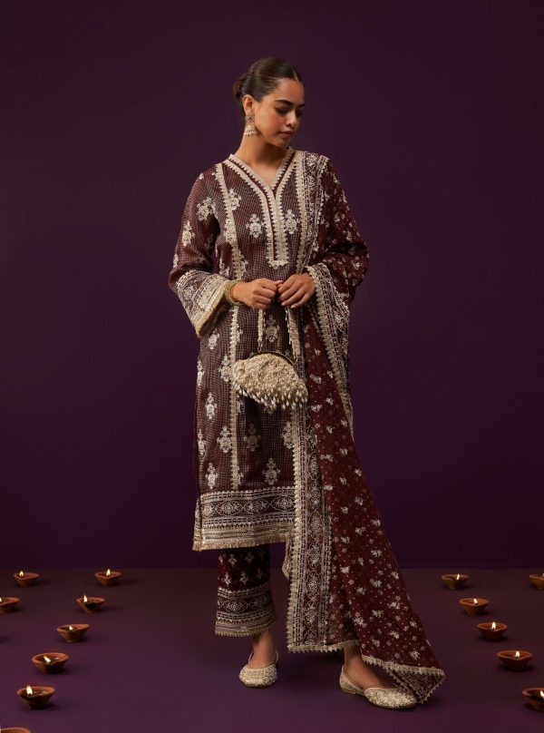 Mulmul Banarsi Iyana Wine Kurta With Mulmul Banarsi Iyana Wine Pant Sale