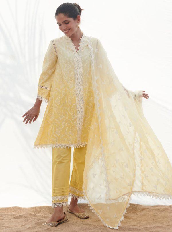 Mulmul Cotton Santona Yellow Kurta With Santona Yellow Pant For Discount