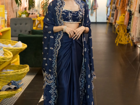 Mulmul HO Silk Saanware Navy Long Shrug With Mulmul Cupro Satin Saanware Navy Skirt Hot on Sale