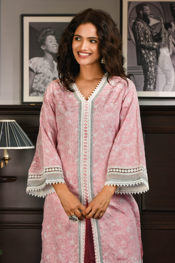 Mulmul Pima Satin Rafa Pink Kurta With Rafa Pink Pant For Sale