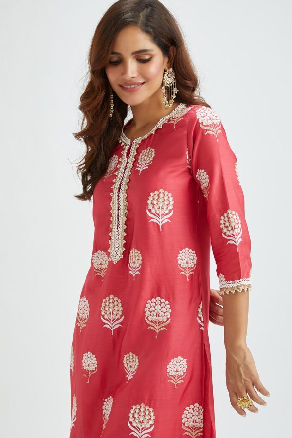 Mulmul Supima satin Amira Red Kurta With Amira Red Pant Discount