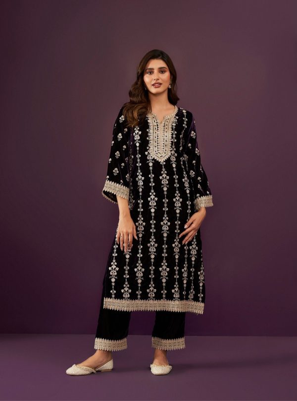 Mulmul Velvet Sade Purple Kurta With Mulmul Velvet Sade Purple Pant Hot on Sale