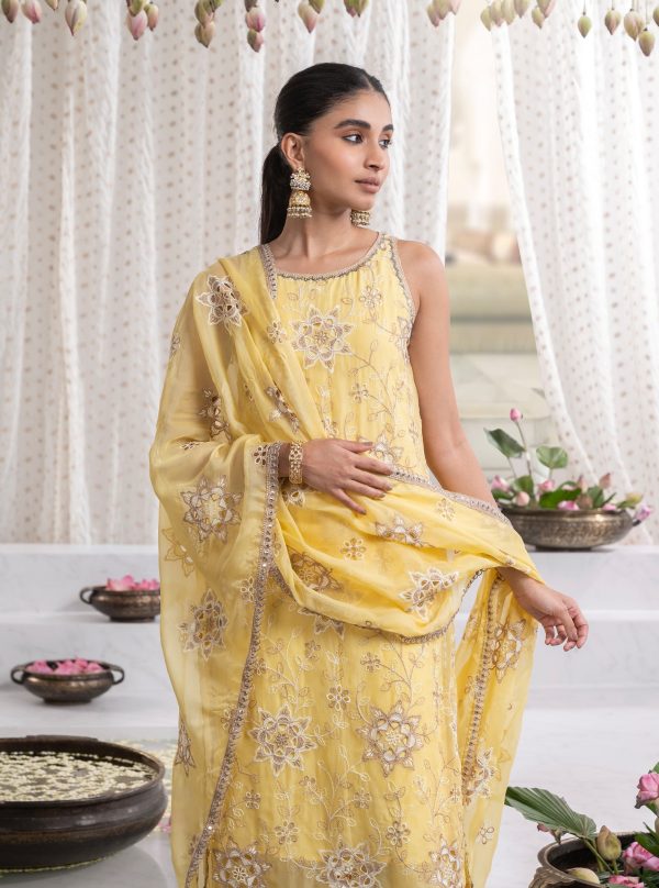 Mulmul Organza Jugni Yellow Kurta With Mulmul Pima Jugni Yellow Pant Hot on Sale