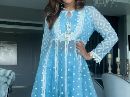 Mulmul Organza Valerie Anarkali Blue Kurta With Supima Cotton Valerie Blue Pant Online now