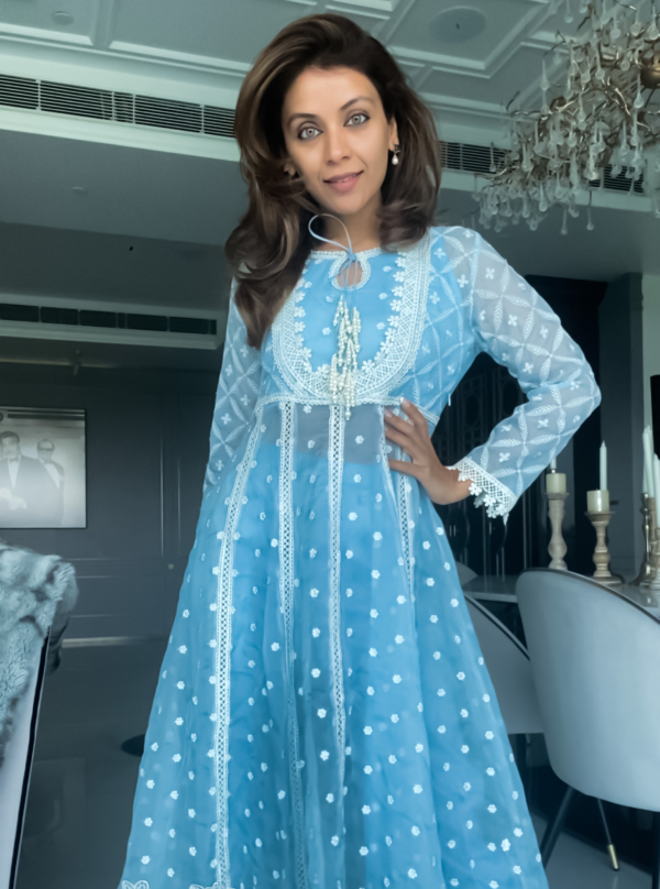 Mulmul Organza Valerie Anarkali Blue Kurta With Supima Cotton Valerie Blue Pant Online now