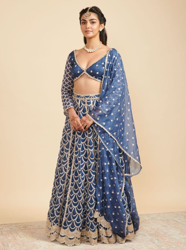 Mulmul Organza Morni Navy Lehenga Online Sale