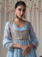 Mulmul Organza Malang Anarkali Blue Kurta With Jacket With Mulmul Pima Malang Blue Churidar Pant Online Sale