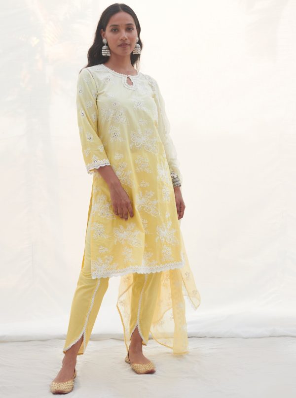 Mulmul Cotton Savri Yellow Kurta With Savri Yellow Dhoti Pant Fashion