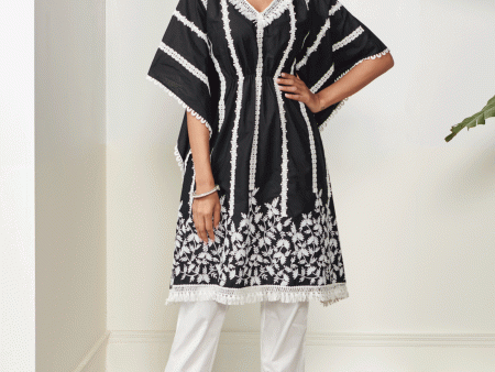 Mulmul Cotton Vivian Black Kaftan With Mulmul Cotton Irena White Pant Supply