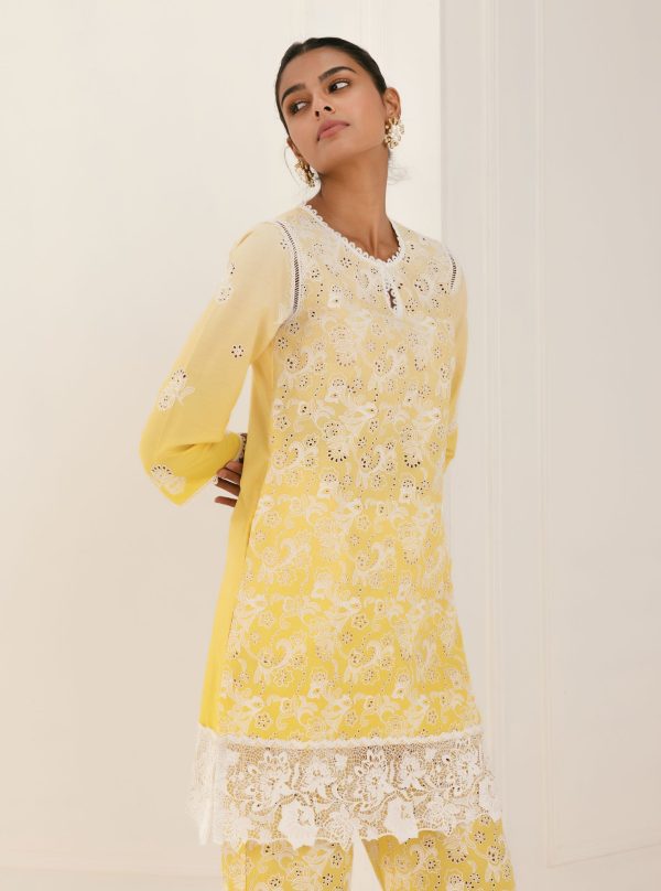 Mulmul Cotton Tista Yellow Kurta With Tista Yellow Palazzo Online Sale