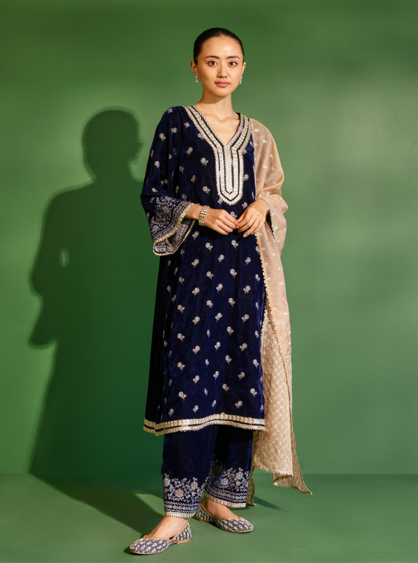 Mulmul Velvet Zia Navy Kurta With Mulmul Velvet Zia Navy Pant Cheap