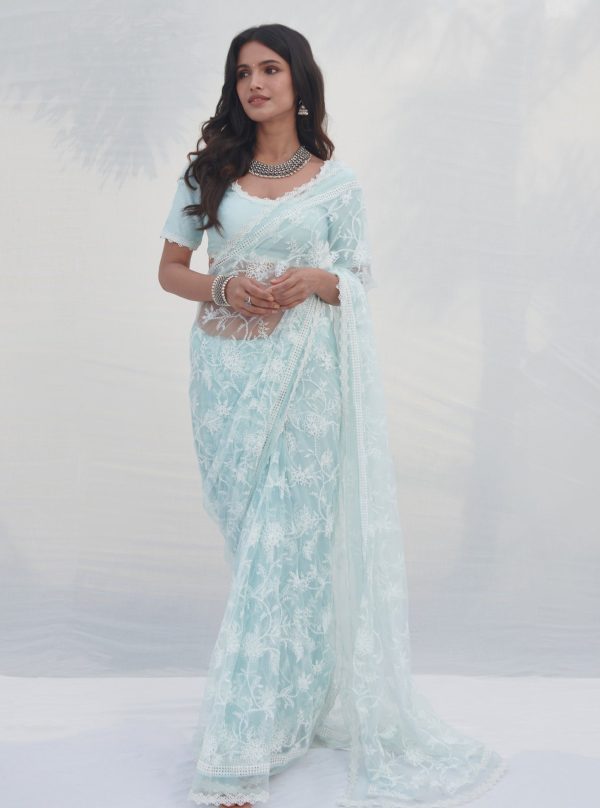 Mulmul Net Shivoli Blue Saree Online Hot Sale