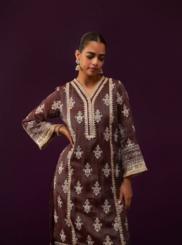 Mulmul Banarsi Iyana Wine Kurta With Mulmul Banarsi Iyana Wine Pant Sale