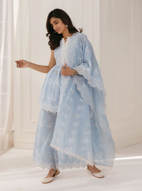 Mulmul Cotton Yana Blue Kurta With Yana Blue Palazzo Online Sale