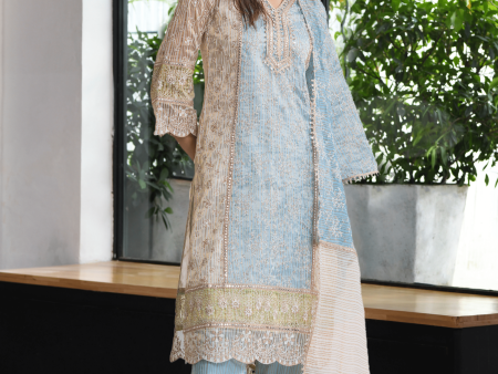 Mulmul Banarsi Aboli Blue Kurta With Mulmul Banarsi Aboli Blue Pant Hot on Sale