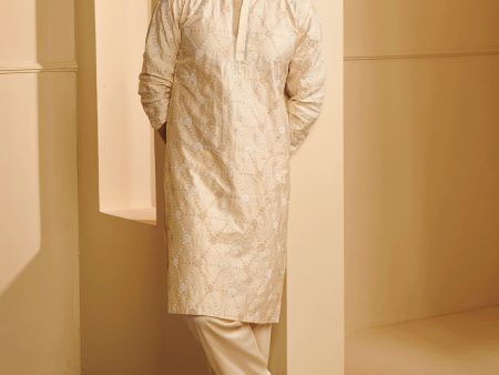 Mulmul Pima Satin Vara Off White Kurta With Vara Off White Pyajama Sale