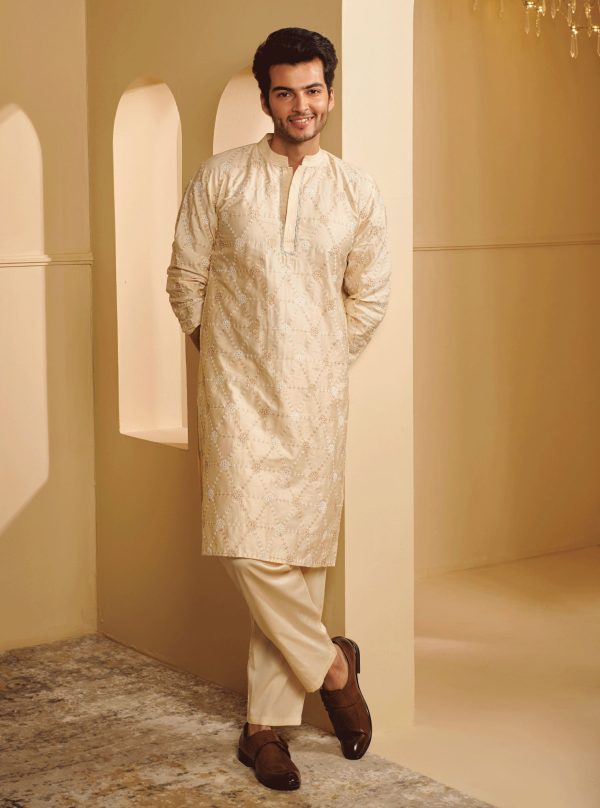 Mulmul Pima Satin Vara Off White Kurta With Vara Off White Pyajama Sale