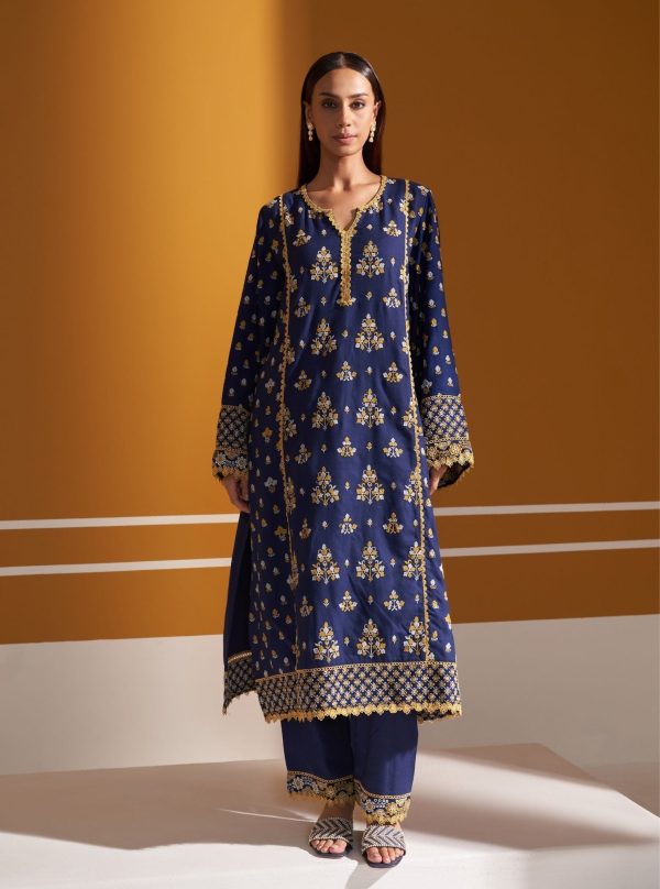 Mulmul Wool Marlow Navy Kurta With Mulmul Wool Marlow Navy Pant For Sale