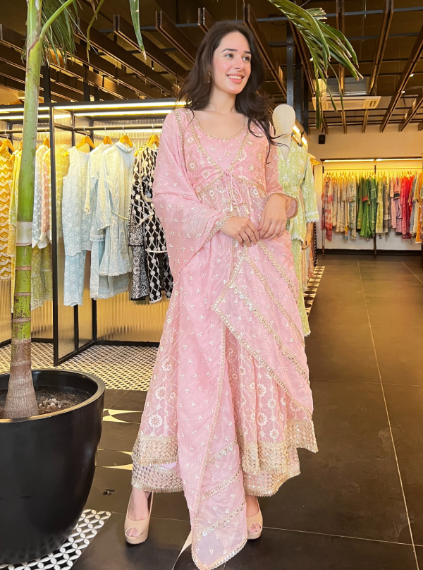 Mulmul Organza Ghoomar Anarkali Pink Kurta With Mulmul Pima Ghoomar Pink Pant For Sale