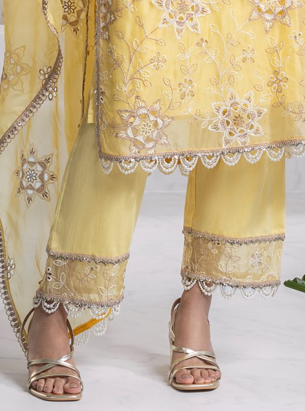 Mulmul Organza Jugni Yellow Kurta With Mulmul Pima Jugni Yellow Pant Hot on Sale