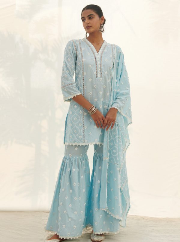 Mulmul Cotton Zarani Blue Kurta With Mulmul Cotton Zarani Blue Garara Online Hot Sale