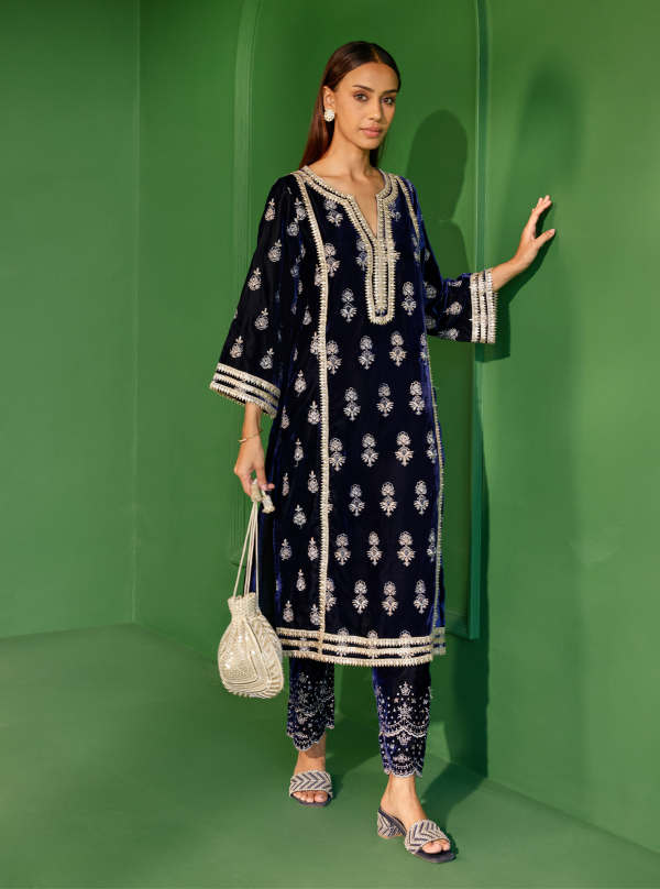 Mulmul Velvet Kumani Navy Kurta With Mulmul Velvet Kumani Navy Pant Online Hot Sale