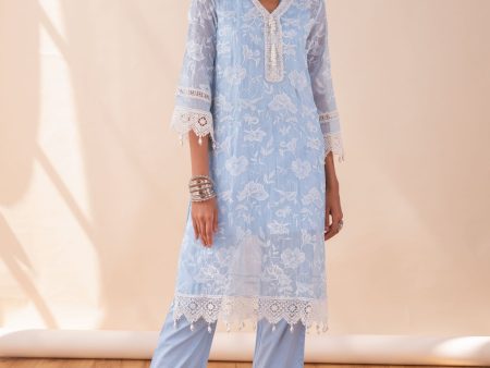 Mulmul Organza Delilah Blue Kurta With Pima Cotton Maisy Blue Pant For Sale