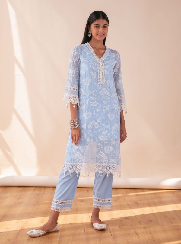 Mulmul Organza Delilah Blue Kurta With Pima Cotton Maisy Blue Pant For Sale