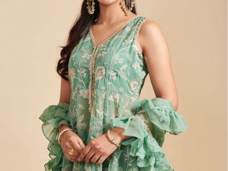 Mulmul Organza Lashkara Green Short Anarkali Kurta With Mulmul Silk Lashkara Green Sharara Online now