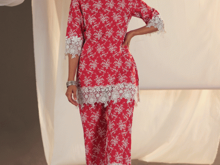 Mulmul Pima Paisley Red Kurta With Paisley Red Pant Sale