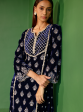 Mulmul Velvet Ghazal Navy Kurta With Mulmul Velvet Ghazal Navy Pant Sale