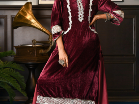 Makhmal Birch Kurta with Pine wine Sharara on Sale