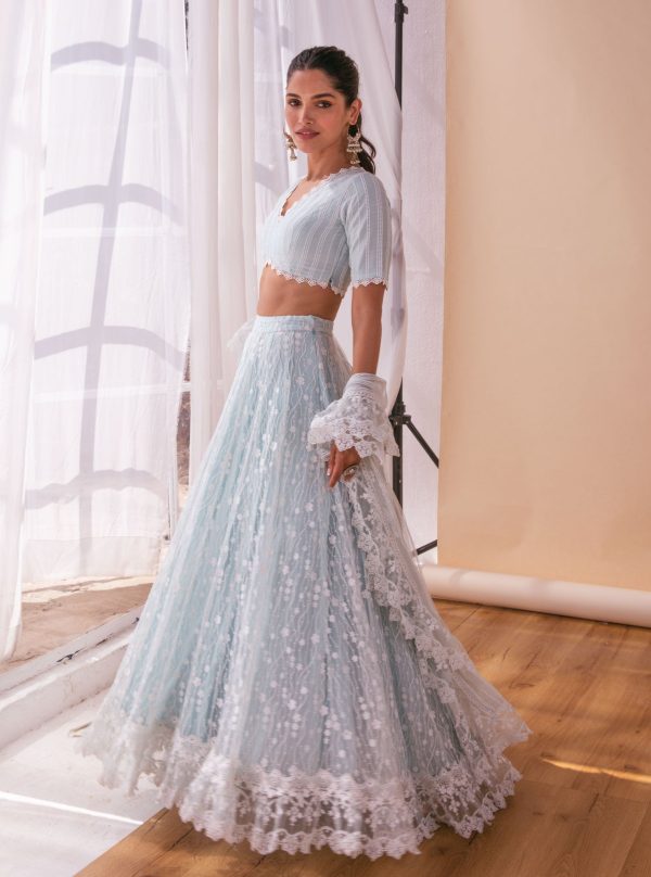 Mulmul Kasauli Blue Net Lehenga For Sale