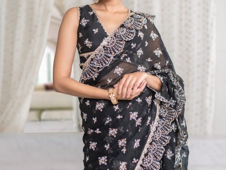 Mulmul Organza Chandni Black Saree Online now