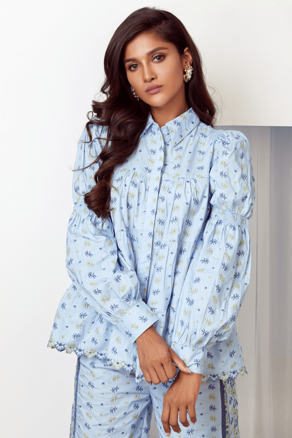 Mulmul Cotton ESMEE LIGHT BLUE SHIRT With ESMEE LIGHT BLUE PANT For Sale