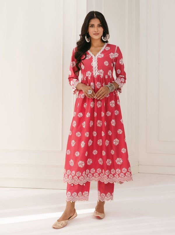 Mulmul Cotton Malana Red Kurta With Malana Red Palazzo on Sale