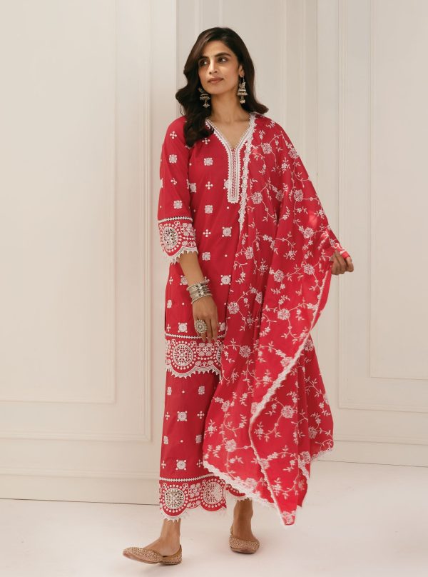 Mulmul Cotton Leh Red Kurta With Leh Red Palazzo For Sale