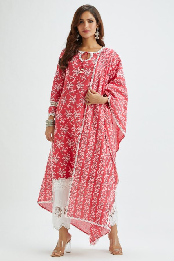 Mulmul Supima Satin Brook Red Kurta With Applique Embroidered Pant Discount