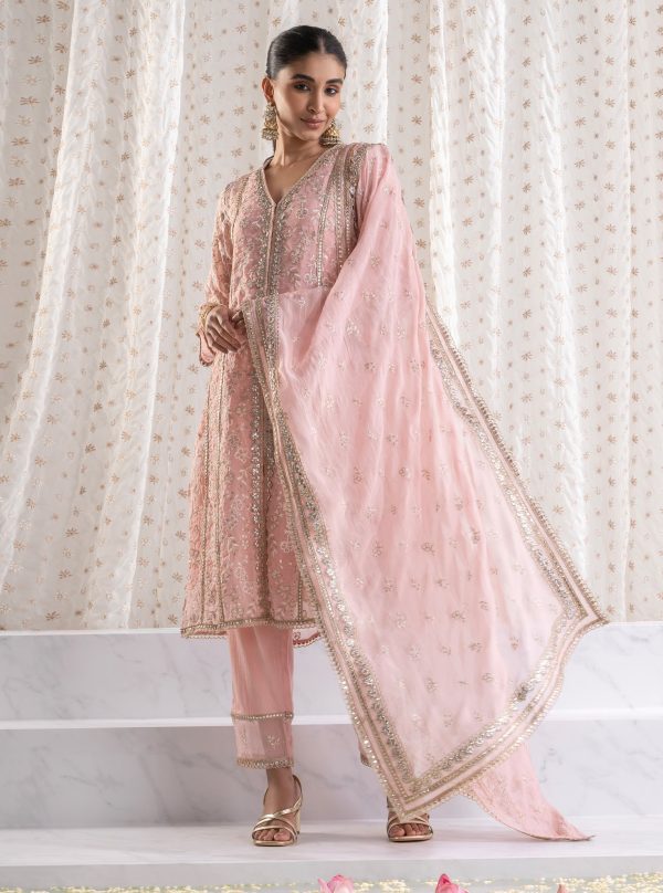 Mulmul Organza Sawariya Pink Kurta With  Mulmul Pima Sawariya Pink Pant Online now