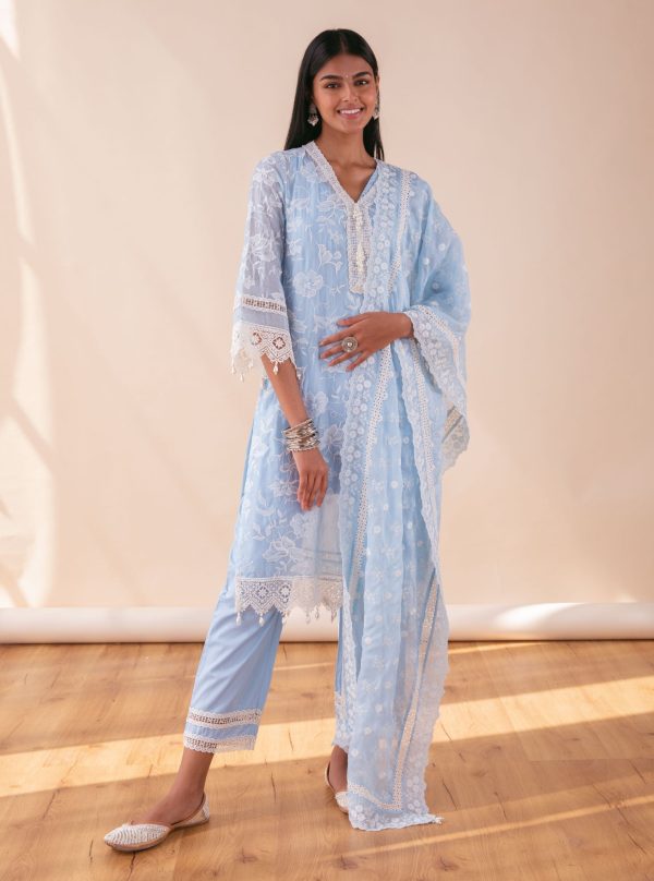 Mulmul Organza Delilah Blue Kurta With Pima Cotton Maisy Blue Pant For Sale