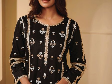 Mulmul Pima Satin Kaveri Black Kurta With Kaveri Black Pant For Sale