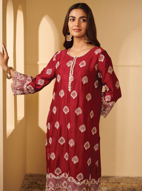 Mulmul Cupro Silk Atya Wine Kurta With Atya Wine Pant For Cheap