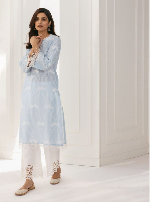 Mulmul Cotton Arki Blue Kurta With Rylee White Palazzo Hot on Sale