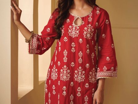 Mulmul Cotton Kasari Red Kurta With Kasari Red Pant For Cheap